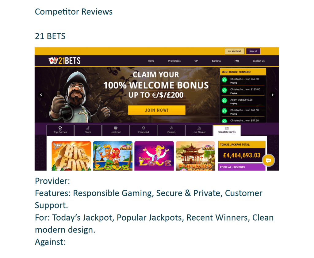 competitor review 21 bets